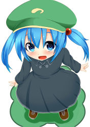 Rule 34 | 1girl, alternate costume, black dress, blue eyes, blue hair, boots, brown footwear, cross-laced footwear, dress, hair bobbles, hair ornament, hat, highres, kawashiro nitori, kyuushiki, long sleeves, looking at viewer, matching hair/eyes, open mouth, short hair, smile, solo, touhou, twintails, two side up