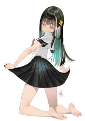 Rule 34 | 1girl, aqua hair, arm support, barefoot, black hair, black skirt, blunt bangs, blush, bow, bowtie, character request, closed eyes, closed mouth, colored inner hair, copyright request, eyelashes, feet, from behind, full body, hair ornament, head tilt, highres, kneeling, legs, long hair, looking back, miniskirt, multicolored hair, pleated skirt, red bow, red bowtie, school uniform, shirt, short sleeves, sidelocks, signature, simple background, sitting, skirt, skirt hold, soles, solo, thighs, toenails, toes, white background, white shirt, yamahara