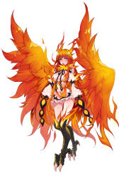Rule 34 | 1girl, bird, bird legs, breasts, feathered wings, feathers, fire, full body, fur, harpy, highres, kenkou cross, large breasts, monster girl, monster girl encyclopedia, official art, orange eyes, orange hair, phoenix, phoenix (monster girl encyclopedia), simple background, solo, talons, white background, winged arms, wings