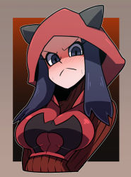 Rule 34 | 1girl, :&lt;, alternate breast size, angry, arms behind back, black hair, blush, border, breasts, closed mouth, commentary request, creatures (company), eyelashes, frown, game freak, gradient background, grey eyes, hood, horns, large breasts, long hair, looking at viewer, nintendo, omoitsuka, pokemon, pokemon oras, shaded face, solo, sweat, team magma, team magma grunt, team magma uniform, uniform, upper body, v-shaped eyebrows