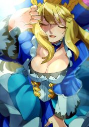 Rule 34 | 1girl, awilda (p&amp;d), bad id, bad pixiv id, blonde hair, blue dress, breasts, cleavage, collarbone, dress, closed eyes, feathers, frills, hat, hat feather, large breasts, long hair, long sleeves, open mouth, pirate hat, puffy long sleeves, puffy sleeves, puzzle &amp; dragons, smile, solo, yamanashi taiki