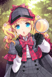 Rule 34 | 1girl, :o, akechi kokoro, blonde hair, blue eyes, bow, cape, cosplay, deerstalker, detective, flat chest, flower, gloves, hair ornament, hat, inverness cape, lowres, magnifying glass, nardack, solo, sword girls, tantei opera milky holmes, twintails, aged down