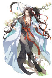 Rule 34 | 1boy, absurdres, artist name, bird, bishounen, black footwear, black robe, boots, branch, brown hair, chinese clothes, closed mouth, collarbone, commentary request, crane (animal), dizi, flower, flute, full body, hair between eyes, hair ribbon, hand up, hanfu, highres, in tree, instrument, jewelry, long hair, long sleeves, looking away, looking to the side, male focus, modao zushi, muse (rainforest), necklace, open clothes, open robe, paper, parted bangs, pectorals, red eyes, red ribbon, ribbon, robe, sidelocks, simple background, solo, south korean flag, tassel, transverse flute, tree, twitter username, very long hair, watermark, wei wuxian, white background, white flower, white robe, wide sleeves