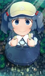 Rule 34 | 1girl, backpack, bag, blue eyes, blue hair, dress, from above, hair bobbles, hair ornament, hat, highres, kawashiro nitori, key, long sleeves, looking at viewer, matching hair/eyes, monosenbei, partially submerged, pebble, pocket, river, shirt, short hair, skirt, skirt set, smile, solo, stream, touhou, twintails, two side up, water