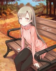 Rule 34 | 1girl, bench, black pantyhose, blonde hair, blush, commentary, day, eyebrows, future girlfriend, highres, korean text, lolihorn, long hair, looking at viewer, outdoors, pantyhose, park, red eyes, ribbed sweater, sitting, solo, sweater, tearing up, tears, turtleneck, yulin (future girlfriend)