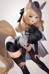 Rule 34 | 1girl, :d, animal ear fluff, animal ears, arknights, artnohearts, black headwear, black ribbon, black shorts, black thighhighs, blonde hair, blue eyes, breasts, cape, commentary request, fang, feet out of frame, grey background, hair ribbon, large breasts, large tail, long hair, looking at viewer, open mouth, ribbon, short shorts, shorts, skin fang, smile, solo, tail, thighhighs, thighs, whislash (arknights), white cape