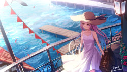Rule 34 | 1girl, anchor earrings, aqua hair, bird, breasts, carrying bag, closed mouth, collarbone, colored inner hair, commentary request, day, dress, earrings, falling petals, hat, hat ribbon, highres, hololive, lantern, long hair, luggage, medium breasts, minato aqua, multicolored hair, namako (namacotan), ocean, outdoors, pennant, petals, pier, purple eyes, purple hair, ribbon, seagull, sleeveless, sleeveless dress, smile, solo, straw hat, sun hat, sundress, two-tone hair, very long hair, virtual youtuber, walking, white dress