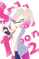 Rule 34 | + +, 1girl, :d, bare shoulders, cowboy shot, crown, dress, fang, fingerless gloves, gloves, inkling, looking at viewer, looking back, makihitsuji, mole, mole under mouth, multicolored hair, nintendo, open mouth, pantyhose, pearl (splatoon), pink hair, pink pantyhose, pointy ears, short hair, simple background, sleeveless, sleeveless dress, smile, solo, splatoon (series), splatoon 2, symbol-shaped pupils, two-tone hair, v, white background, white hair, yellow eyes