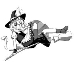 Rule 34 | 1girl, apron, boots, bow, broom, broom riding, dress, fingerless gloves, gloves, greyscale, hand on headwear, hat, hat bow, isaki (gomi), kirisame marisa, long hair, looking at viewer, monochrome, open mouth, puffy short sleeves, puffy sleeves, reclining, sash, short sleeves, sitting, smile, solo, touhou, waist apron, witch hat