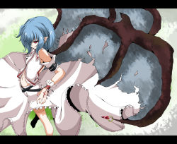 Rule 34 | 1girl, adapted costume, barefoot, bat wings, blood, blue hair, cross, detached sleeves, female focus, fingernails, injury, jewelry, knife, letterboxed, navel, pointy ears, red cross, red eyes, remilia scarlet, sharp fingernails, shirosuzu, short hair, solo, torn wings, touhou, wings, wrist cuffs