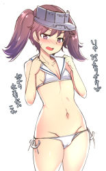 Rule 34 | 1girl, alternate costume, anchor, bare arms, bare shoulders, bikini, blush, brown hair, collarbone, commentary, cosplay, cowboy shot, flat chest, groin, hat, ippongui, kantai collection, looking at viewer, lowleg, lowleg bikini, navel, nose blush, open mouth, purple eyes, ryuujou (kancolle), sailor bikini, sailor collar, sailor hat, side-tie bikini bottom, simple background, sketch, solo, sweatdrop, swimsuit, translation request, twintails, visor cap, white background, white bikini, z3 max schultz (kancolle), z3 max schultz (kancolle) (cosplay)
