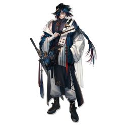 Rule 34 | 1boy, arknights, bandaged arm, bandages, black footwear, black hat, black tunic, blue hair, blue jacket, boots, eyewear strap, fedora, full body, glasses, hat, highres, jacket, long hair, long sleeves, looking at viewer, low ponytail, male focus, mr. nothing (arknights), official art, open clothes, open jacket, pants, pouch, skade, smile, standing, transparent background, tunic, white pants, wide sleeves