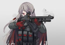 Rule 34 | 12-gauge, 1girl, absurdres, ammunition, benelli m4 super 90, black jacket, cape, combat shotgun, commentary, covered mouth, evelyn (neural cloud), eyepatch, gar32, girls&#039; frontline, girls&#039; frontline neural cloud, gloves, grey background, grey hair, gun, highres, holding, holding gun, holding weapon, jacket, long hair, long sleeves, m1014, red cape, red eyes, red gloves, semi-automatic shotgun, shotgun, shotgun shell, simple background, smoke, solo, torn cape, torn clothes, upper body, very long hair, weapon
