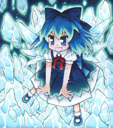 Rule 34 | 1girl, alternate hair length, alternate hairstyle, blue bow, blue dress, blue eyes, blue footwear, blue hair, blush, bow, cirno, collared shirt, detached wings, dress, full body, higuredachi, ice, ice wings, mary janes, neck ribbon, open mouth, pinafore dress, puffy short sleeves, puffy sleeves, red ribbon, ribbon, shirt, shoes, short sleeves, sleeveless, sleeveless dress, socks, solo, touhou, traditional media, v-shaped eyebrows, white shirt, white socks, wings