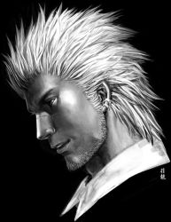 Rule 34 | 1boy, dark skin, dark-skinned male, earrings, facial hair, godot (ace attorney), greyscale, ace attorney, phoenix wright: ace attorney - trials and tribulations, jewelry, male focus, miteiya, monochrome, mullet, profile, realistic, scar, short hair, signature, smile, solo, spoilers, stubble
