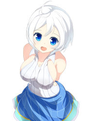 Rule 34 | .live, 1girl, akiiro, antenna hair, bare shoulders, blue eyes, blue skirt, blush, breasts, cleavage, collarbone, highres, large breasts, looking at viewer, open mouth, short hair, sideboob, dennou shoujo siro, skirt, smile, solo, virtual youtuber, white hair