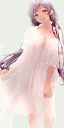 Rule 34 | 1girl, dress, gown, green eyes, grey background, highres, kate iwana, lace, lace-trimmed dress, lace trim, long hair, looking at viewer, love live!, love live! school idol project, off shoulder, panties, parted lips, purple hair, see-through, short sleeves, skirt hold, solo, tojo nozomi, underwear, white dress