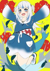 Rule 34 | 1girl, animal hood, blue eyes, blue hair, blue hoodie, blunt bangs, commentary, english commentary, fins, fish tail, flower, gawr gura, gawr gura (1st costume), gradient clothes, hair ornament, harutyansann, hibiscus, hololive, hololive english, hood, hoodie, looking at viewer, medium hair, multicolored hair, open mouth, red flower, shark girl, shark hair ornament, shark tail, sharp teeth, shoes, sneakers, streaked hair, tail, teeth, twintails, two-tone hair, two side up, virtual youtuber, white footwear