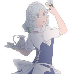 Rule 34 | 1girl, apron, blue eyes, braid, cup, izayoi sakuya, knife, looking at viewer, looking back, lowres, maid, maid apron, maid headdress, mefomefo, saucer, short hair, short sleeves, silver hair, solo, teacup, teapot, touhou, twin braids