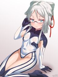 Rule 34 | 1girl, absurdres, aged down, armpit cutout, black bodysuit, blush, bodysuit, breasts, clothing cutout, covered navel, fate/grand order, fate/samurai remnant, fate (series), folded ponytail, glasses, green eyes, guriguri (arayotto4351), hair ribbon, half-closed eyes, highres, long hair, looking at viewer, ribbon, sidelocks, sitting, small breasts, solo, thigh cutout, thighs, two-tone bodysuit, variant set, wariza, white bodysuit, white hair, yui shousetsu (fate), yui shousetsu (first ascension) (fate)