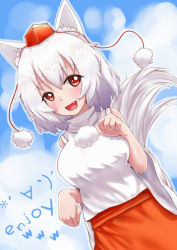 Rule 34 | 1girl, animal ears, blush, breasts, detached sleeves, emoticon, fang, female focus, hat, highres, inubashiri momiji, large breasts, moe m, open mouth, paw pose, pom pom (clothes), red eyes, short hair, silver hair, skirt, smile, solo, tail, tokin hat, touhou, wolf ears, wolf tail