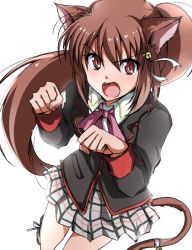 Rule 34 | 1girl, animal ears, bad id, bad pixiv id, bow, brown hair, cat ears, cat tail, little busters!, long hair, miruto92, natsume rin, pink bow, ponytail, red eyes, school uniform, tail