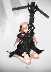 Rule 34 | 1girl, a-z c (neco), also sprach zarathustra (neco), black footwear, cloak, detached sleeves, fur collar, grey eyes, headdress, holding, holding weapon, long hair, looking at viewer, neco, original, pink hair, shoes, simple background, sitting, solo, thigh strap, weapon
