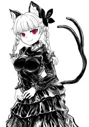 Rule 34 | 1girl, animal ears, bow, braid, breasts, cat ears, cat tail, dress, extra ears, eyebrows hidden by hair, forked tail, greyscale, hair bow, irumina777, juliet sleeves, kaenbyou rin, long sleeves, looking at viewer, monochrome, nekomata, puffy sleeves, red eyes, simple background, smile, solo, spot color, tail, touhou, twin braids, twintails, white background