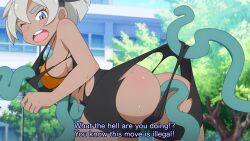 Rule 34 | 1girl, anal, ass, bea (pokemon), bike shorts, black bodysuit, black hairband, black shorts, bodysuit, bow hairband, bra, breasts, commentary, creatures (company), english commentary, english text, game freak, grey eyes, grey hair, hair between eyes, hairband, highres, leaning forward, looking back, medium breasts, nintendo, one eye closed, open mouth, orange bra, outdoors, pokemon, pokemon swsh, rape, round teeth, school, short hair, shorts, sideboob, solo, subtitled, sweat, tearing clothes, teeth, tentacles, threetwigs, torn clothes, tree, underwear, upper body, upper teeth only