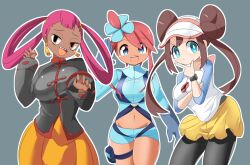 Rule 34 | 3girls, :d, black leggings, black shirt, blue eyes, blue gloves, blue jacket, blue shorts, breasts, bright pupils, brown eyes, brown hair, chinese clothes, closed mouth, commentary request, cowboy shot, creatures (company), cropped jacket, dark skin, double bun, doughnut hair bun, frown, game freak, gloves, grey background, hair between eyes, hair bun, hair ornament, hair rings, hand on own chin, jacket, large breasts, leggings, lets0020, long hair, long sleeves, looking at viewer, medium bangs, midriff, multiple girls, navel, nintendo, open mouth, orange skirt, outline, pink hair, pokemon, pokemon bw, pokemon bw2, pokemon masters ex, pouch, punk girl (pokemon), raglan sleeves, rosa (pokemon), sharp teeth, shirt, short bangs, short hair with long locks, short shorts, shorts, sidelocks, simple background, skirt, skyla (pokemon), smile, tangzhuang, teeth, thigh pouch, twintails, very long hair, visor cap, watch, white outline, white pupils, wristwatch, yellow skirt