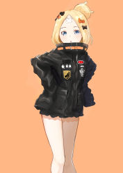 Rule 34 | 1girl, abigail williams (fate), abigail williams (traveling outfit) (fate), badge, bandages, black bow, black jacket, blonde hair, blue eyes, blush, bow, commentary request, crossed bandaids, fate/grand order, fate (series), hair bow, hair bun, hands on own hips, highres, jacket, key, long hair, long sleeves, looking at viewer, official alternate costume, ojun, orange background, orange bow, parted bangs, parted lips, simple background, single hair bun, sleeves past fingers, sleeves past wrists, solo, star (symbol)