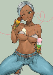 Rule 34 | 1girl, :p, aqua nails, areola slip, bikini, bikini top only, breasts, character request, cleavage, dark-skinned female, dark skin, denim, earrings, green eyes, green nails, high heels, jeans, jewelry, large breasts, light areolae, lips, messy, nail polish, nanboku, navel, nipple slip, nipples, one eye closed, pants, pop&#039;n music, shoes, short hair, silver hair, simple background, solo, squatting, stiletto heels, swimsuit, thick lips, tongue, tongue out, wink