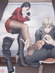 Rule 34 | 1boy, 1girl, absurdres, ada wong, bandages, bed, black hair, boots, unworn boots, brown eyes, feet, first aid kit, highres, leon s. kennedy, looking at viewer, lying, on side, panties, pantyhose, pantyshot, parted lips, resident evil, resident evil 4, resident evil 4 (remake), shoes, unworn shoes, short hair, soles, thigh boots, toes, underwear
