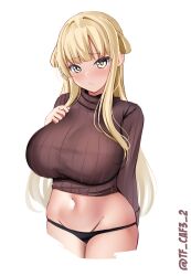 Rule 34 | 1girl, blonde hair, blush, breasts, brown sweater, closed mouth, commentary request, cowboy shot, fletcher (kancolle), hair flaps, hand on own chest, highres, kantai collection, large breasts, legs together, long hair, looking at viewer, midriff, navel, one-hour drawing challenge, simple background, solo, sweater, tf cafe, twitter username, white background, yellow eyes