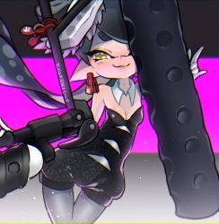 Rule 34 | + +, 1girl, :3, artist name, black hair, black jumpsuit, breasts, callie (splatoon), cleavage, closed mouth, collar, commentary, cowboy shot, detached collar, earrings, food, food on head, gloves, grey pantyhose, half-closed eyes, holding, holding weapon, inkling, jewelry, jumpsuit, leaning to the side, light particles, lips, long hair, looking at viewer, mole, mole under eye, nintendo, object on head, pantyhose, pointy ears, short jumpsuit, signature, small breasts, smile, solo, splat roller (splatoon), splatoon (series), splatoon 1, standing, strapless, sushi, tentacle hair, thigh gap, ueda kou, weapon, white collar, white gloves, yellow eyes
