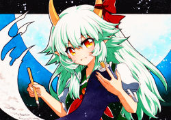 Rule 34 | 1girl, :d, bad id, bad pixiv id, bow, ex-keine, full moon, green hair, hair bow, highres, holding, holding paintbrush, horns, kamishirasawa keine, long hair, looking at viewer, moon, open mouth, paintbrush, pointy ears, puffy short sleeves, puffy sleeves, qqqrinkappp, red bow, red eyes, scroll, short sleeves, sky, smile, solo, star (sky), starry sky, touhou, traditional media, upper body