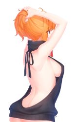 Rule 34 | 1girl, ahoge, arms up, artist name, back, backless dress, backless outfit, bad id, bad pixiv id, bare arms, bare back, bare shoulders, black sweater, breasts, brown eyes, bunching hair, butt crack, covered mouth, cowboy shot, dress, eyelashes, from behind, halterneck, highres, long hair, medium breasts, meme attire, naked sweater, narynn, narynn (character), orange hair, original, ponytail, profile, ribbed sweater, shiny skin, sideboob, sidelocks, simple background, solo, sweater, sweater dress, turtleneck, turtleneck sweater, virgin killer sweater, white background