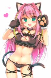 Rule 34 | 10s, 1girl, :3, :d, alternate costume, animal ears, animal hands, aqua eyes, bell, belt, black panties, blush, cat cutout, cat ear panties, cat ears, cat lingerie, cat tail, choker, cleavage cutout, clothing cutout, collarbone, cowboy shot, eyebrows, frills, gloves, gluteal fold, green hair, hair intakes, hashimoto nyaa, heart, highres, jingle bell, legs apart, long hair, looking at viewer, meme attire, multicolored hair, navel, neck bell, open mouth, osomatsu-san, panties, paw gloves, paw pose, pink hair, saichuu, side-tie panties, simple background, smile, solo, stomach, streaked hair, tail, thigh strap, underwear, underwear only, white background