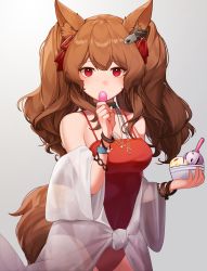 Rule 34 | 1girl, absurdres, angelina (arknights), angelina (summer flower) (arknights), animal ear fluff, animal ears, arknights, bare shoulders, blush, bowl, breasts, brown hair, cleavage, collarbone, cowboy shot, dokgo die docta (d o t), eating, food, fox ears, fox girl, fox tail, hair ribbon, highres, holding, holding bowl, ice cream, ice cream spoon, infection monitor (arknights), jewelry, long hair, looking at viewer, medium breasts, necklace, official alternate costume, one-piece swimsuit, red eyes, red one-piece swimsuit, red ribbon, ribbon, see-through, simple background, solo, spoon, swimsuit, tail, twintails, white background, wristband