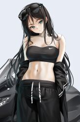 Rule 34 | 1girl, bandeau, bare shoulders, black hair, black jacket, black pants, blue eyes, blush, breasts, closed mouth, eyewear on head, grey background, head tilt, highres, jacket, large breasts, logo, long hair, long sleeves, looking at viewer, midriff, mole, mole on breast, mole on stomach, mole under eye, myabit, navel, nike (company), off shoulder, open clothes, open jacket, original, pants, simple background, sports bra, stomach, strapless, sunglasses, tube top, white background