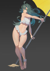 Rule 34 | 1girl, aqua hair, barefoot, bikini, black background, breasts, frilled bikini, frills, full body, gradient background, hair between eyes, highres, holding, holding umbrella, long hair, navel, original, parted lips, ray (nagaseray), simple background, small breasts, solo, stomach, swimsuit, thighs, umbrella, very long hair, white bikini, yellow eyes, yellow umbrella