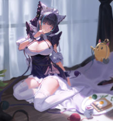 Rule 34 | 1girl, animal ears, apron, aqua hair, azur lane, blue eyes, blurry, bokeh, breasts, cheshire (azur lane), cleavage, cup, depth of field, detached sleeves, dress, fake animal ears, food, frilled hairband, frilled ribbon, frills, full body, garter straps, hairband, highres, indoors, large breasts, long ribbon, looking at viewer, maid, maid headdress, medium hair, multicolored hair, omelet, puffy detached sleeves, puffy sleeves, purple apron, purple hair, ribbon, sansan (dongfangzhong111), solo, streaked hair, stuffed animal, stuffed toy, thighhighs, thighs, two-tone hair, white dress, white garter straps, white thighhighs, wooden floor, wrist cuffs