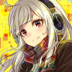 Rule 34 | &gt;:3, 1girl, :3, absurdres, ahoge, albino, bad id, bad pixiv id, close-up, closed mouth, coat, duffel coat, headphones, highres, kusano shinta, long hair, looking at viewer, original, rainbow, red eyes, scarf, smile, solo, thick eyebrows, upper body, v-shaped eyebrows, white hair