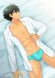 Rule 34 | 1boy, :/, abs, absurdres, aqua male swimwear, artist name, bed sheet, bulge, collarbone, commentary request, cowboy shot, dress shirt, expressionless, from above, green eyes, green hair, groin, hair between eyes, hand on own stomach, hand up, highres, indoors, long sleeves, looking at viewer, looking up, lying, male focus, male swimwear, navel, nipple slip, nipples, no pants, on back, open clothes, open shirt, original, pectorals, sanpaku, shirt, short hair, solo, spiked hair, spread legs, swim briefs, toned, toned male, twitter username, white shirt, yuya hytk