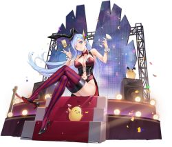 Rule 34 | 1girl, animal ears, azur lane, bare shoulders, black footwear, black hair, blue eyes, blue hair, bow, bowtie, breasts, cleavage, clothing cutout, cocktail glass, cup, detached collar, drinking glass, fake animal ears, from below, full body, high heels, highres, holding, holding cup, large breasts, leotard, long hair, looking at viewer, manjuu (azur lane), navel cutout, official alternate costume, official art, one eye closed, playboy bunny, purple thighhighs, rabbit ears, red bow, red bowtie, red thighhighs, shoes, sitting, solo, speaker, stage, stage lights, strapless, strapless leotard, striped clothes, striped thighhighs, thighhighs, ticonderoga (azur lane), ticonderoga (show stopper!) (azur lane), tomohiro kai, transparent background, two-tone legwear, very long hair, wrist cuffs