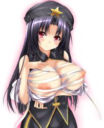 Rule 34 | 1girl, alternate color, bandages, beret, black hair, braid, breasts, chinese clothes, female focus, hat, hei meiling, hong meiling, large breasts, long hair, m.u.g.e.n, nipples, open mouth, original, red eyes, simple background, solo, star (symbol), touhou, twin braids, upper body, yuu sagi