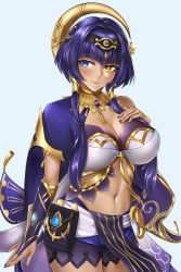 Rule 34 | 1girl, absurdres, blue background, blue eyes, blue hair, blush, breasts, candace (genshin impact), cleavage, closed mouth, cowboy shot, dark-skinned female, dark skin, genshin impact, hair ornament, hand on own chest, heterochromia, highres, large breasts, nail polish, navel, purple nails, simple background, smile, solo, yellow eyes, ytoy