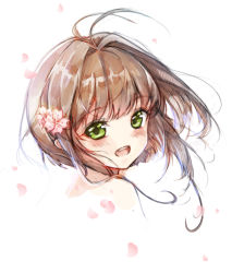 Rule 34 | 1girl, :d, absurdres, antenna hair, bare shoulders, blush, brown hair, cardcaptor sakura, clouble, commentary request, flower, green eyes, hair flower, hair intakes, hair ornament, head tilt, highres, kinomoto sakura, long hair, looking at viewer, looking to the side, open mouth, petals, pink flower, portrait, simple background, smile, solo, teeth, upper teeth only, white background