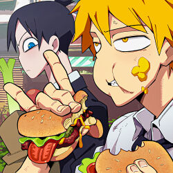 Rule 34 | 2boys, aisendraw, black hair, black jacket, black necktie, blonde hair, blue eyes, burger, chainsaw man, collared shirt, denji (chainsaw man), food, food in mouth, food on face, formal, hayakawa aki, highres, jacket, looking at another, looking to the side, multiple boys, necktie, parted lips, sharp teeth, shirt, short hair, sideways glance, suit, suit jacket, teeth, topknot, white shirt, yellow eyes