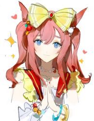 Rule 34 | 1girl, agnes digital (umamusume), animal ears, bead bracelet, bead necklace, beads, blue eyes, blush, bow, bracelet, closed mouth, hair bow, heart, highres, hikawayunn, horse ears, jewelry, long hair, looking at viewer, necklace, own hands together, palms together, pink hair, shirt, sleeveless, sleeveless shirt, smile, solo, sparkle, two side up, umamusume, upper body, white background